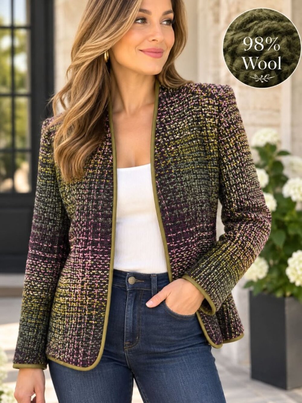 Linda Allard Ellen Tracy 95% Wool Multicolor Tweed Blazer Jacket Size 10